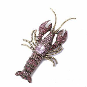 Pink Rhinestone Lobster Brooch Gold Tone